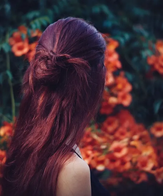 Pelo largo color rojizo con semirrecogido